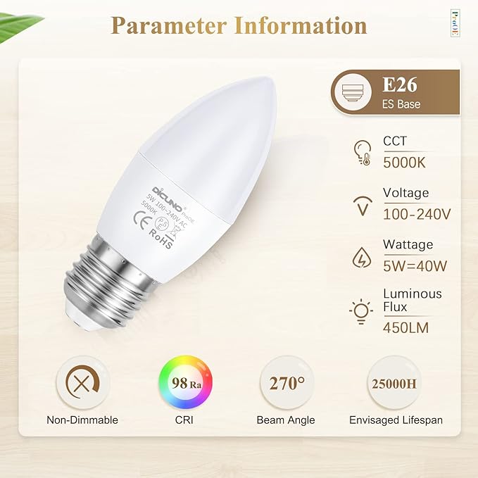 DiCUNO ProOE Eye-Protected E26 LED Bulb, High CRI 98, 5W E26 Candle Bulb, Daylight White 5000K, C37 40W Halogen Equivalent Decorative Light Replacement for Chandelier, Non-dimmable, 6 Pack