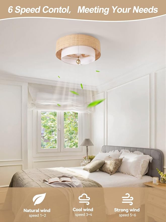 Flush Mount Ceiling Fan with Lights, 20" Caged Boho Ceiling Fan with Light Remote Control, Low Profile Bladeless with 6 Speeds, Drum Rattan Fabric for Bedroom, Nursery, Dining Room, Living Room