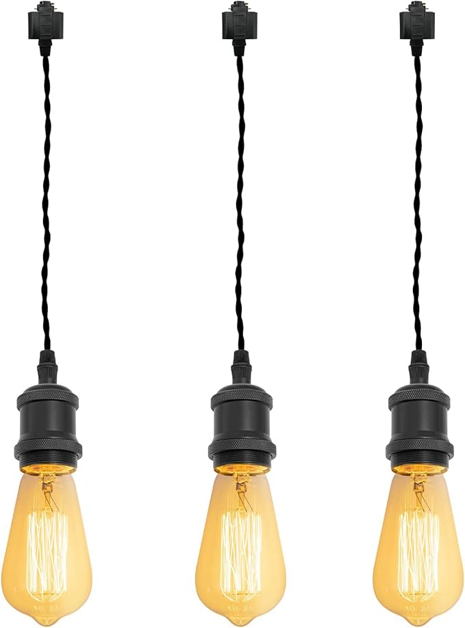 Kiven H-Type Wire Track LightPendants, 39.4 Inch Cord Length Black Weave Rope, Restaurant DecorativePendant Light Industrial Pendant Lamp 3 Pack,Bulb Not Included（Matte Black）
