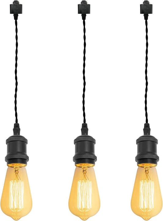 Kiven H-Type Wire Track LightPendants, 48 Inch Cord Length Black Weave Rope, Restaurant DecorativePendant Light Industrial Pendant Lamp 3 Pack,Bulb Not Included（Matte Black）