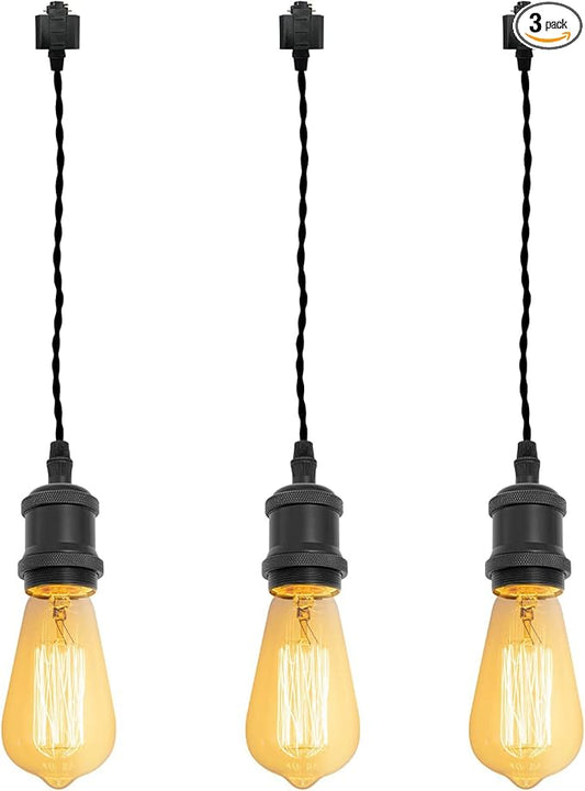 Kiven H-Type Wire Track LightPendants, 15.7 Inch Cord Length Black Weave Rope, Restaurant DecorativePendant Light Industrial Pendant Lamp 3 Pack,Bulb Not Included（Matte Black）