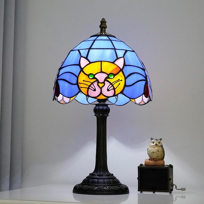 Stained Glass Table Lamp 8 Inch Orange Warm Ambient Lighting Bedroom Small Nightstand Dorm Cafe Office Corner Vintage Home Decoration Table Lamp Blue Cute Cat Lamp