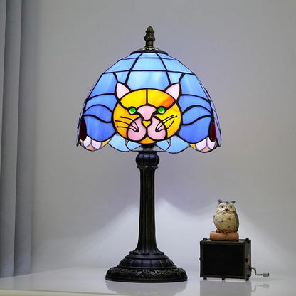 Stained Glass Table Lamp 8 Inch Orange Warm Ambient Lighting Bedroom Small Nightstand Dorm Cafe Office Corner Vintage Home Decoration Table Lamp Blue Cute Cat Lamp