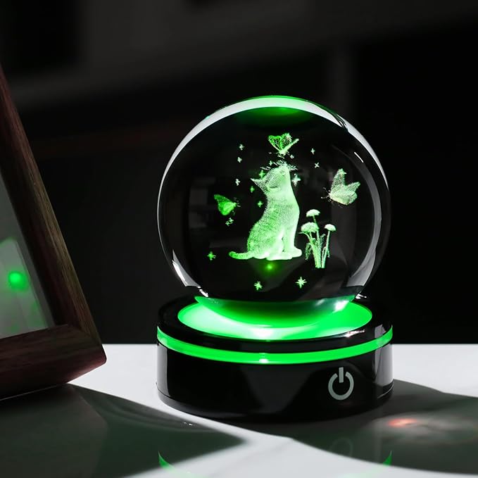 YWHL 3D Crystal Cat Butterfly Figurines Ball with Colorful Light Base, Laser Engraved Cat Gifts for Women Men on Birthday, Animal Snow Globes Figurine Collection for Home Decor