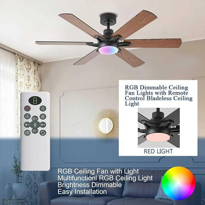 52in Ceiling Fans with Lights RGB Ceiling Fan with Light and Remote/APP Control,Low Profile Ceiling Fans with Lights for Bedroom,Living Room,Kids Room,3CCT Dimmable Modern Ceiling Fan, 6 Speeds,Brown