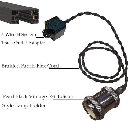 Kiven 3-Light H System Track Mini Pendant, Pearl Black Finish Lamp Holder Fitting, Rose Pendant Braided Fabric Flex Cord Length 31.5 in,TB0123-80CM