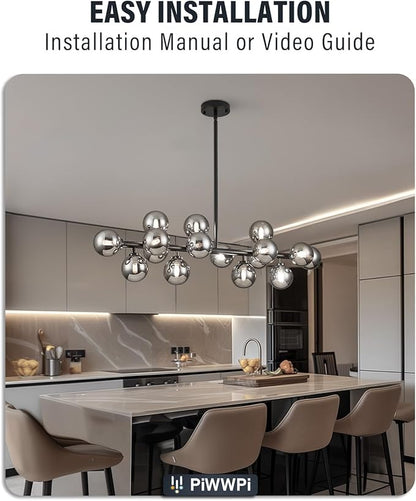 Glass Globe Sputnik Chandelier, 16-Light Mid Century Modern Light Fixture Over Table, Linear Chandeliers for Dining Room, Kitchen Island, Black and Smoke Grey Bubble, 40 Inch, GC-02