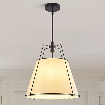 Modern Pendant Light Fixtures with 16" Off-White Linen Fabric Shade, Adjustable Hanging Light Fixture,3-Light Drum Black Vintage Chandelier for Kitchen Island Bedroom Dining Room Foyer