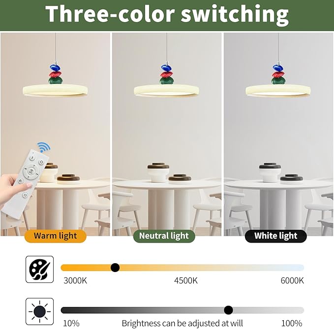 Mikeru Modern Pendant Lights, 15.8" Cream Yellow Pendant Lighting Fixture with Remote Control Dimmable 3 Color Mode & Brightness Mid Century Island Light Fixture for Dining Room,Kitchen,Living Room