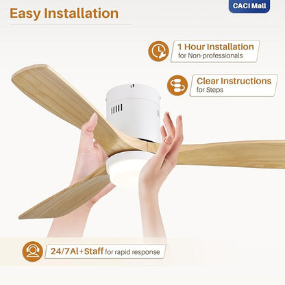 CACI Mall 52 Inch Wood Flush Mount Ceiling Fan with Lights, 3 Blades, Low Profile, Modern, 3CCT, Dimmable, Noiseless, Remote Contral, Outdoor Indoor Ceiling Fans for Bedroom/Farmhouse/Patio
