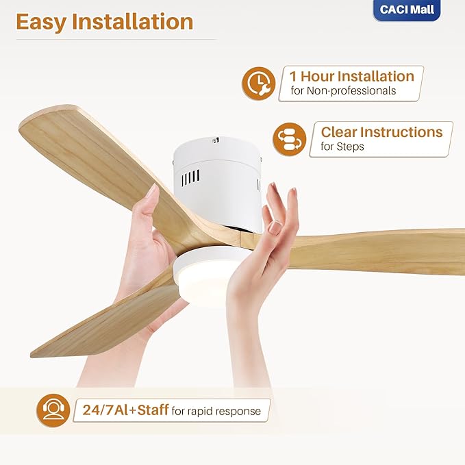 CACI Mall Smart 52 inch Wood Flush Mount Ceiling Fans with Lights and Remote, 3 Blades, Low Profile, Modern, Compatible with Alexa/Google/App, Outdoor Indoor Ceiling Fans for Bedroom/Farmhouse/Patio