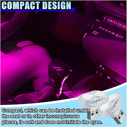 2PCS USB LED Car Interior Night Light, Crystal Mini Decoration Neno Ambient Light Car Interior Atmosphere Lamp, Plug-in USB Interface Auto Trunk Ambient Lighting Kit Universal for Cars (Pink/Purple)