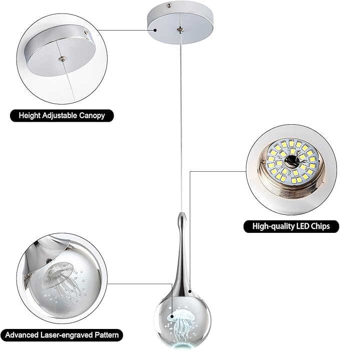 CHYING Pendant Lights Kitchen Island Chrome Modern LED Pendant Light Globe Jellyfish Pendant Lighting Mini Crystal Hanging Light for Dining Room Bathroom Bedroom Bar 6000K Cool White
