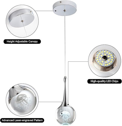 CHYING Pendant Lights Kitchen Island Chrome Modern LED Pendant Light Globe Jellyfish Pendant Lighting Mini Crystal Hanging Light for Dining Room Bathroom Bedroom Bar 6000K Cool White