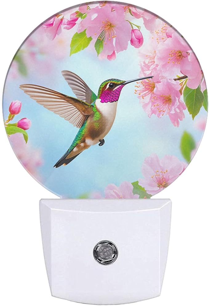 EKOBLA Hummingbird Plug-in Night Light, Spring Bird & Cherry Blossom LED Nightlight with Auto On/Off Sensor for Kids, Seniors & Bedroom Decor