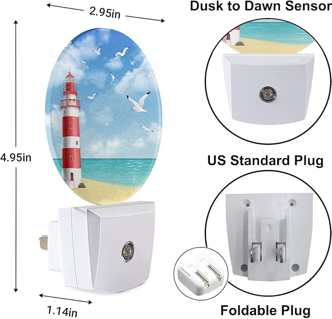 Lighthouse Seabirds Night Lights Plug into Wall Ocean Beach Seagull Blue Sunny Sky Clouds LED Dusk to Dawn Plug-in Nightlight Auto Sensor for Bedroom Bathroom Hallway Living Room