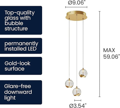 3-Light Gold Glass Globe Chandelier, Modern Bubble Glass Cluster Pendant Lights for Kitchen Island & Dining Room Light Fixture & Foyer Chandelier, Warm White 3000K, LED 1175 lm, Ø 9.8 in