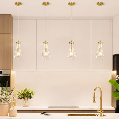 Raindrop Pendant Light Set of 2, Gold 4.7in Clear Glass Teardrop Pendant Lights for Kitchen, Modern Pendant Lights Kitchen Island for Dining Room, Bathroom, Hallway, Adjustable Cord, Bulb Included