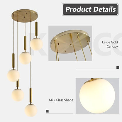 KCO Lighting 5 Light Globe Chandelier Gold Cluster Pendant Light Fixture Modern Milk Glass Chandelier Large Round Kitchen Island Pendant Lighting Contemporary Chandeliers for Foyer Entryway