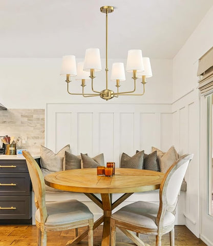 6-Light Brushed Gold Pendant Chandelier with Fabric Shades, E12 Base - Farmhouse & Industrial Style for Kitchen, Living Room, Dining Room, or Bedroom Lighting