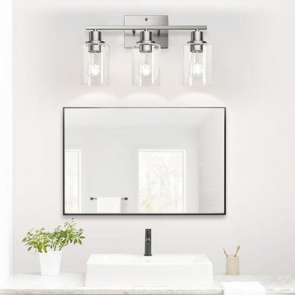 MOKATNG 3-Light Bathroom Light Fixtures, Vanity Light with Clear Glass Shades, Brushed Nickel Bathroom Light Fixtures Over Mirror, Modern Bathroom Wall Lamp for Mirror Living Room Cabinet Bedroom