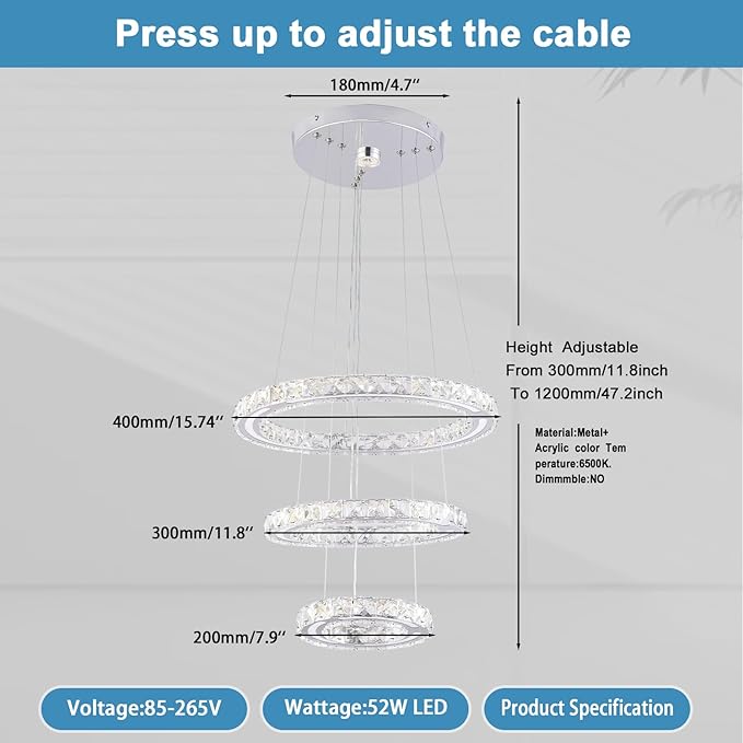 FRIXCHUR LED Crystal Ring Chandelier, Modern 3 Ring Chandelier Light Fixture, Adjustable Hanging Pendant Light for Dining Room Living Room Bedroom, Cool White