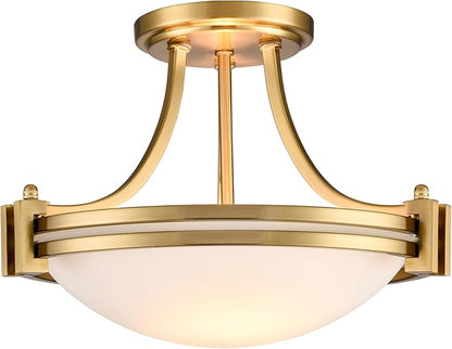12-Inch Gold Semi Flush Mount Ceiling Light Milk Glass Light Fixture Mid Century Modern 2-Light Brass Glass Ceiling Light for Hallway Bedroom Foyer