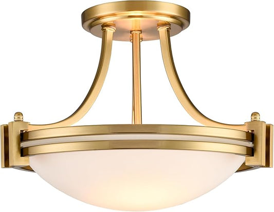 12-Inch Gold Semi Flush Mount Ceiling Light Milk Glass Light Fixture Mid Century Modern 2-Light Brass Glass Ceiling Light for Hallway Bedroom Foyer