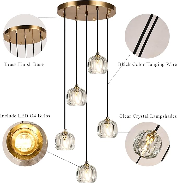 Modern Dining Room Chandelier, Round Crystal Ceiling Pendant Lighting, Brass Raindrop Hanging Lights for Kitchen Island Living Room Farmhouse