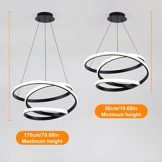 Mayful Modern Chandelier with Remote Control, 3-Color Dimmable LED Pendant Light Fixtures, Height Adjustable Kitchen Island Lighting for Dining Room,Bedroom,Living Room,Foyer,Office Black 19.7 inches