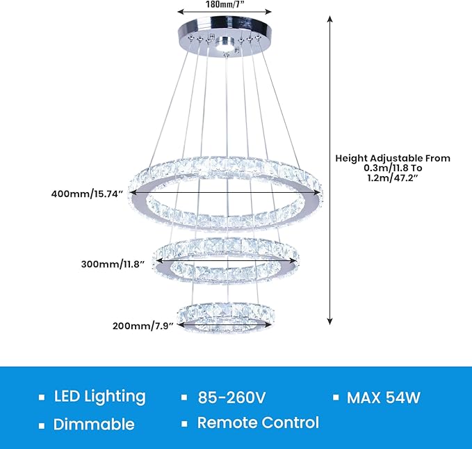 Modern Dimmable LED Chandelier 3 Rings Crystal Chandelier with Remote Stainless Steel Adjustable Pendant Light for Living Dining Room Bedroom