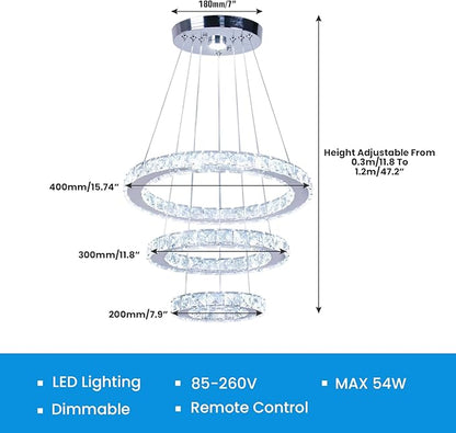 Modern Dimmable LED Chandelier 3 Rings Crystal Chandelier with Remote Stainless Steel Adjustable Pendant Light for Living Dining Room Bedroom