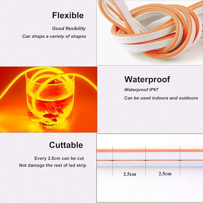 YM E-Bright Orange Led Neon Strip Lights Without Power Supply, 5M 16.4Ft 600SMD Silicone Rope Lamp for Signboard Bar Home Building Indoor Outdoor Decoration Waterproof Flexible DC12V