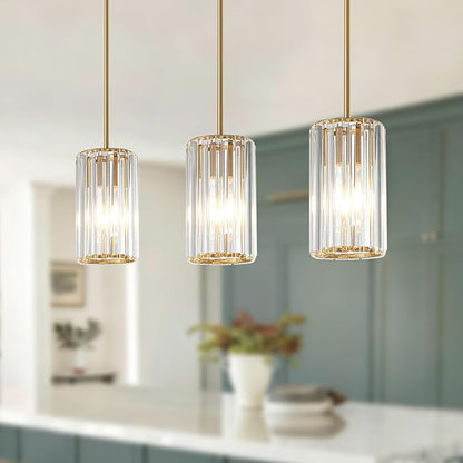3 Pack Gold Modern Crystal Pendant Lights Hanging Light Fixtures, Gold Kitchen Island Pendant Lighting Fixtures Adjustable Modern Crystal Pendant Lights for Island Dining Room Hallway Bedroom