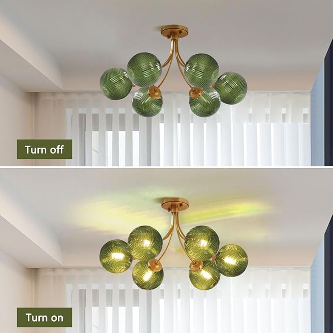 Green Glass Flush Mount Ceiling Lights Fixture 6-Light Gold Mid Century Modern Chandelier Green Hand Blown Glass Chandelier Vintage Pendant Light for Bedroom Living Dining Room