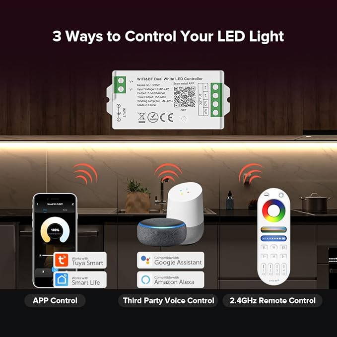 SEZO C02W WiFi Bluetooth Dual White LED Strip Controller Group Control Support Tuya Smart Life APP/Voice Control Compatible with LM091 LM096 LM007 LM097 CCT Remote DC12-24V