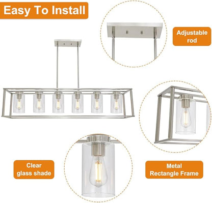 Modern Chandeliers 6 Light Brushed Nickel Dining Room Lighting Fixtures Hanging Rectangular Kitchen Island Pendant Lights Industrial Flush Mount Ceiling Light with Glass Shade
