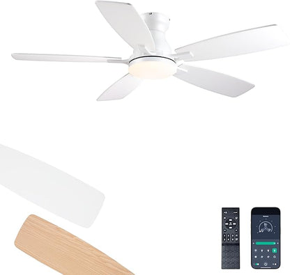 JSAITEE 46in Ceiling Fans with Lights - Flush Mount Low Profile Ceiling Fan with DC Motor, 6 Speeds 3CCT Dimmable, Modern Indoor Fan Light Fixtures for Bedroom, Kitchen, White
