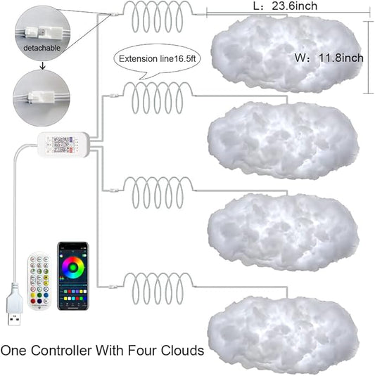 4PCS 3D Big Cloud lightning Light Kit Music Sync Warm Multicolor lightning Changing Strip Lights 360 Degree Wireless Remote APP NO DIY Coolest Decorations for Adults and Kids Indoor Home Bedroom