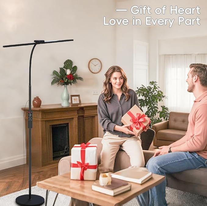 24W/2400LM Dual Head LED Floor Lamp for Living Room, Reading Standing Task Lamp for Office, Adjustable Panels with Remote, No Glare Puzzle Light for Tattoo, Piano, Sewing, Lash, Craft