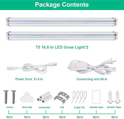 T5 Grow Lights 5000K Full Spectrum,1.4FT (2pcs x 10 Watts) Plant Growing Lamp,End-to-End Connectable Led Light Strips for Indoor Plants Succulents Flowers Growing