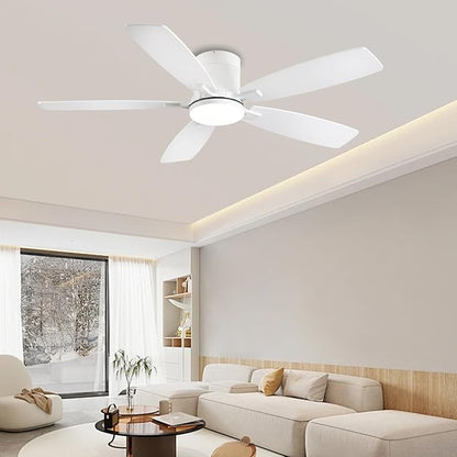Ayaoty Ceiling Fans with Lights, 52 inch Low Profile Ceiling Fan with Light and Remote Control, Flush Mount, Reversible Motor, Dimmable, Noiseless, White Ceiling Fan for Bedroom, Indoor/Outdoor Use