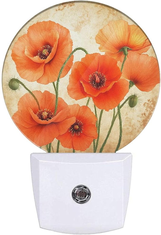 EKOBLA Poppy Flower Plug-in Night Light, Vintage Red Orange Floral LED Nightlight with Sensor for Hallway