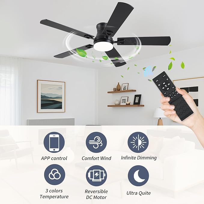 KNUN Ceiling Fans with Lights,52 Inch Low Profile Ceiling Fan with Light and Remote Control,Flush Mount,6 Speeds DC Reversible Motor, 3CCT Dimmable, Noiseless Black Ceiling Fan for Living Room,Patio
