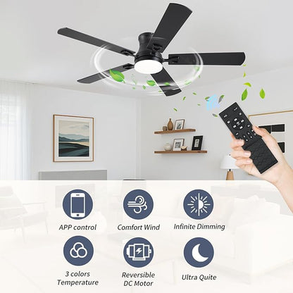 KNUN Ceiling Fans with Lights,52 Inch Low Profile Ceiling Fan with Light and Remote Control,Flush Mount,6 Speeds DC Reversible Motor, 3CCT Dimmable, Noiseless Black Ceiling Fan for Living Room,Patio
