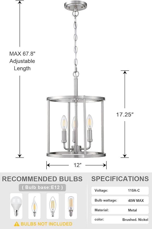 3 Light Hanging Geometric Lantern Pendant Light Fixture Brushed Nickel Finish Chandelier Adjustable Chain Metal Cage Pendant Lighting for Kitchen Island Dining Room Foyer