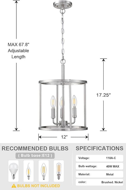 3 Light Hanging Geometric Lantern Pendant Light Fixture Brushed Nickel Finish Chandelier Adjustable Chain Metal Cage Pendant Lighting for Kitchen Island Dining Room Foyer