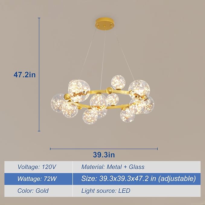 Depuley Sputnik Chandelier Light Fixture: 15-Light Modern Gold Bubble Glass Chandeliers for Dining Room - 39.37" Mid Century Globe Pendant Lighting for Kitchen Island Bedroom Foyer Living Room