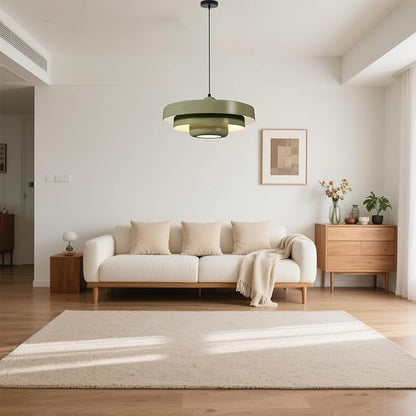 Large Olive Green Pendant Light, 17.7" Vintage Ceiling Chandelier with 3-Layer Metal Shade, Mid Century Modern Light Fixture for Dining Room, Shop, Cafe