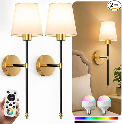 IRONPAX Wall Sconces Battery Operated Set of 2, Wireless Rechargeable Wall Sconce Set of Two, Dimmable Wall Lights with Remote for Bedroom Living Room Hallway Decor (Black-Gold, Fabric Shade)